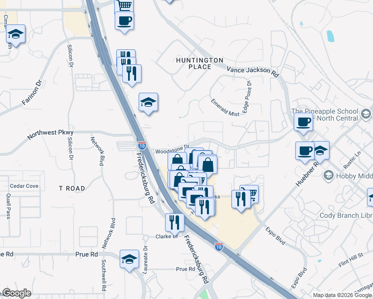 map of restaurants, bars, coffee shops, grocery stores, and more near 4863 Woodstone Drive in San Antonio