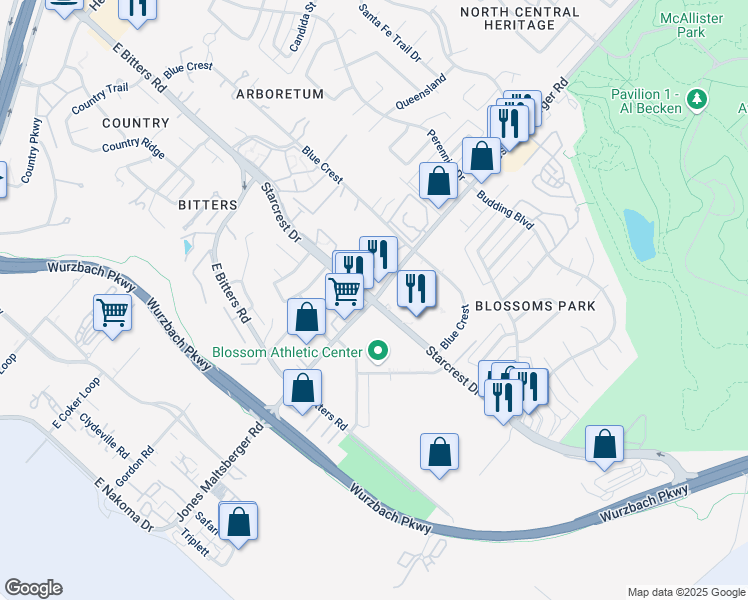 map of restaurants, bars, coffee shops, grocery stores, and more near Jones Maltsberger Rd & Starcrest Dr in San Antonio