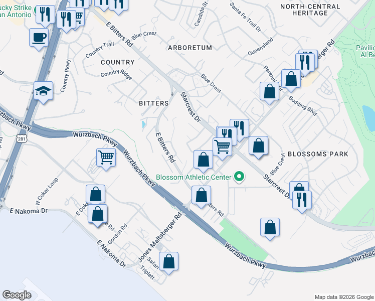 map of restaurants, bars, coffee shops, grocery stores, and more near 12406 Wethersfield Street in San Antonio