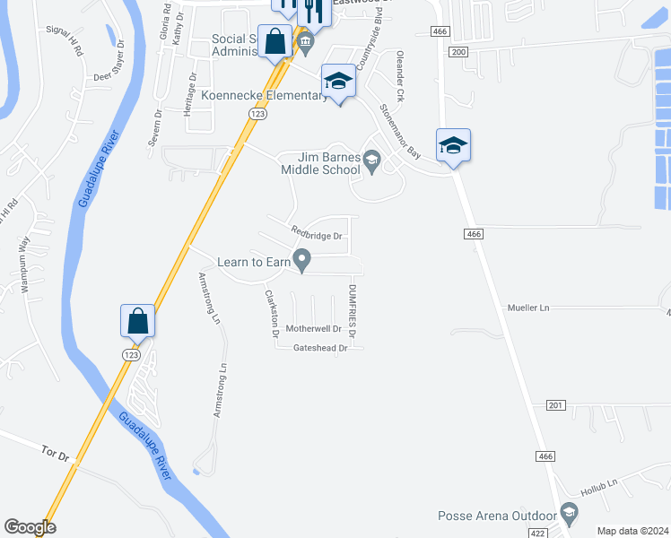 map of restaurants, bars, coffee shops, grocery stores, and more near 1544 Birmingham Drive in Seguin