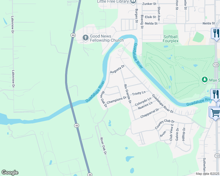 map of restaurants, bars, coffee shops, grocery stores, and more near 2 Bermuda Dunes Drive in Seguin