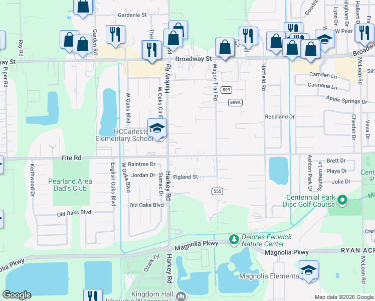 map of restaurants, bars, coffee shops, grocery stores, and more near 5945 Fite Road in Pearland