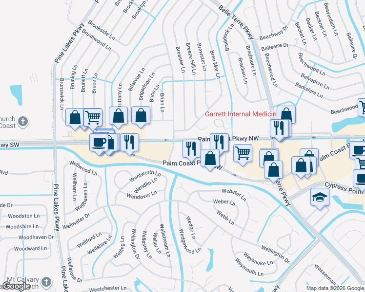 map of restaurants, bars, coffee shops, grocery stores, and more near 4835 Palm Coast Parkway Southwest in Palm Coast