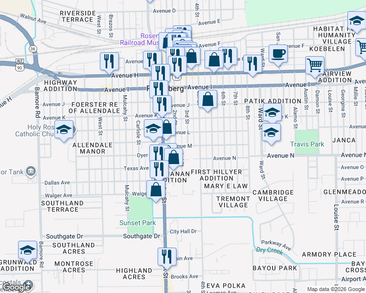 map of restaurants, bars, coffee shops, grocery stores, and more near 1419 3rd Street in Rosenberg