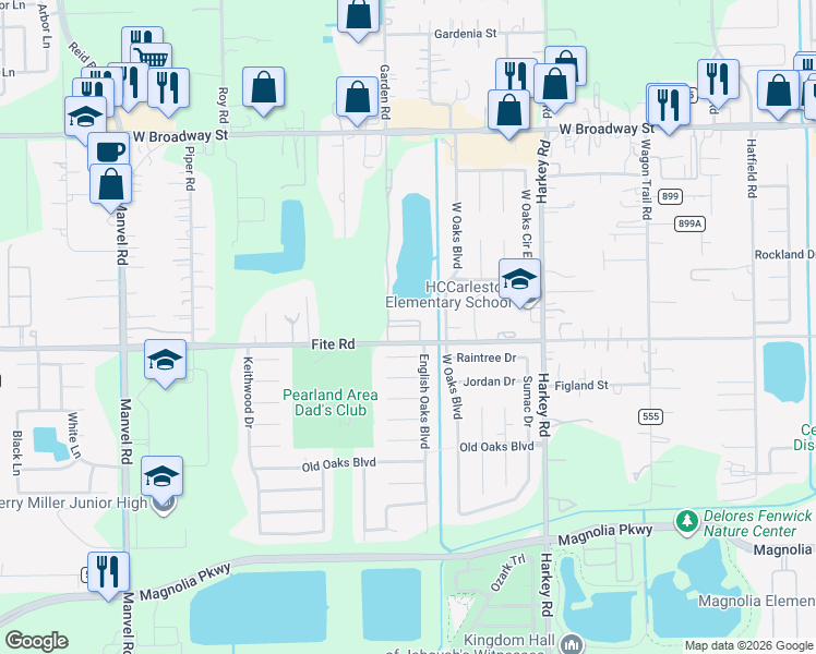 map of restaurants, bars, coffee shops, grocery stores, and more near 6520 Broadway Street in Pearland