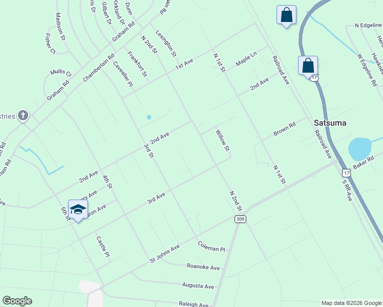 map of restaurants, bars, coffee shops, grocery stores, and more near 110 Harper Place in Satsuma
