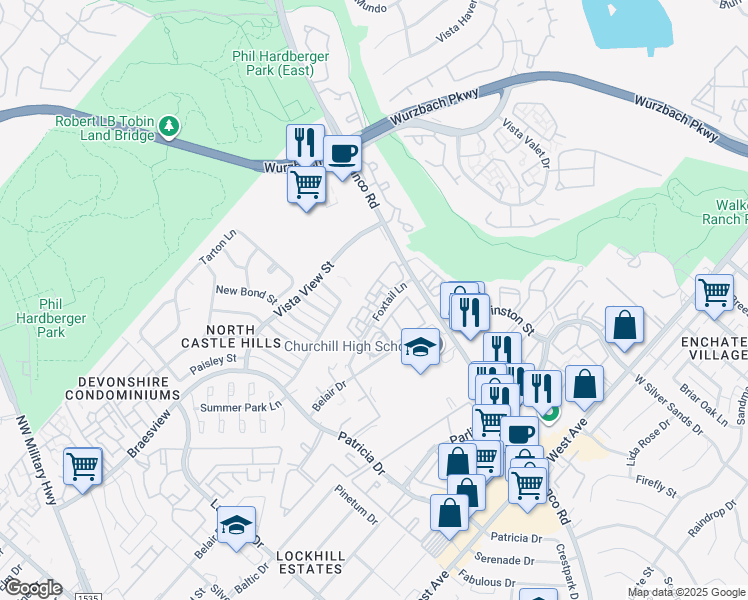 map of restaurants, bars, coffee shops, grocery stores, and more near 7 Fox Tail in San Antonio