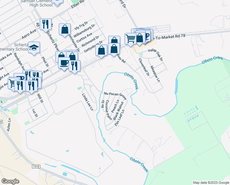 map of restaurants, bars, coffee shops, grocery stores, and more near 133 Nu Pecan Grove in Schertz