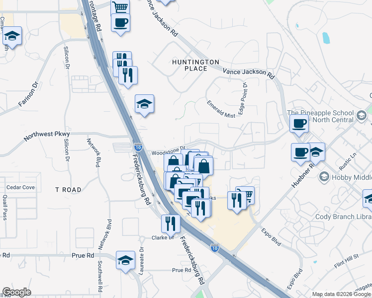 map of restaurants, bars, coffee shops, grocery stores, and more near 4863 Woodstone Drive in San Antonio