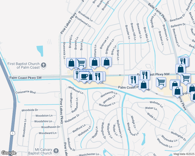 map of restaurants, bars, coffee shops, grocery stores, and more near 305 Palm Coast Parkway Southwest in Palm Coast