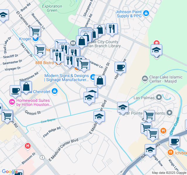 map of restaurants, bars, coffee shops, grocery stores, and more near 17049 El Camino Real in Houston