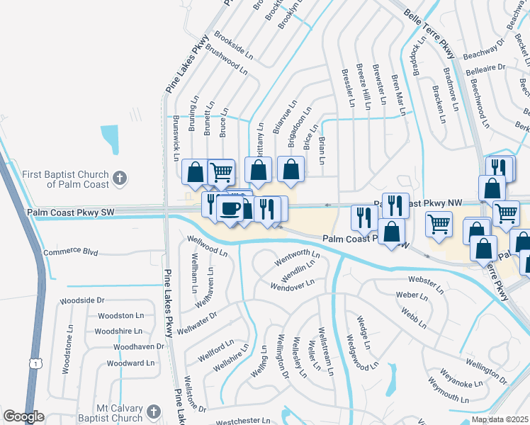 map of restaurants, bars, coffee shops, grocery stores, and more near 305 Palm Coast Parkway Southwest in Palm Coast