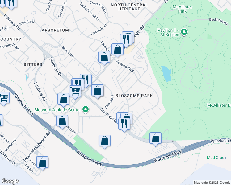 map of restaurants, bars, coffee shops, grocery stores, and more near 2002 Lotus Blossom Street in San Antonio