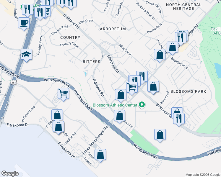 map of restaurants, bars, coffee shops, grocery stores, and more near 12406 Wethersfield Street in San Antonio