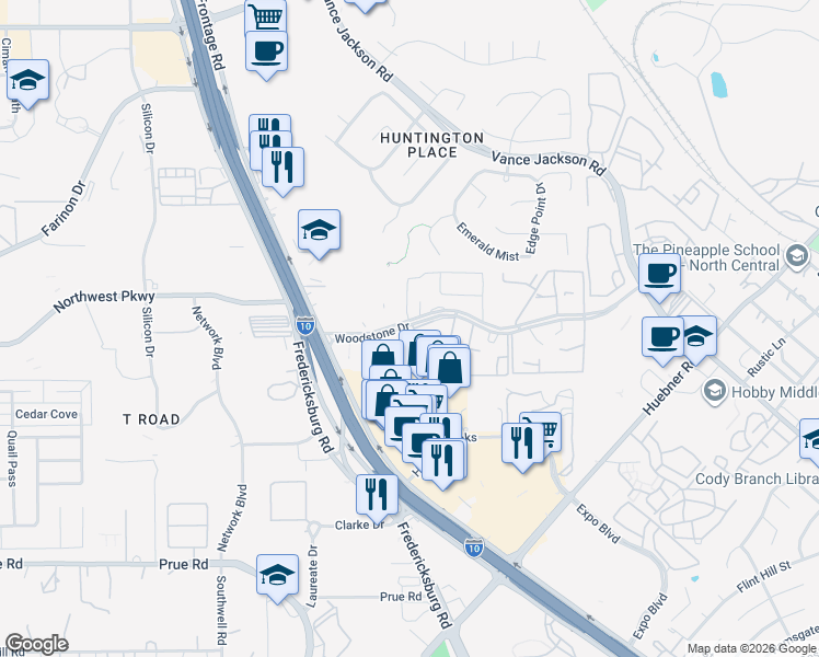 map of restaurants, bars, coffee shops, grocery stores, and more near 4863 Woodstone Drive in San Antonio