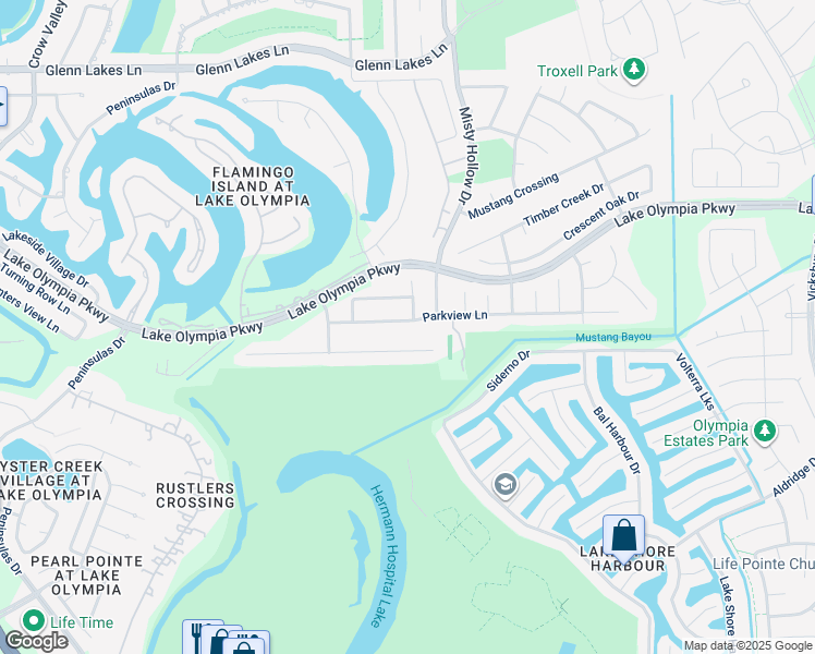 map of restaurants, bars, coffee shops, grocery stores, and more near 2103 Parkview Lane in Missouri City