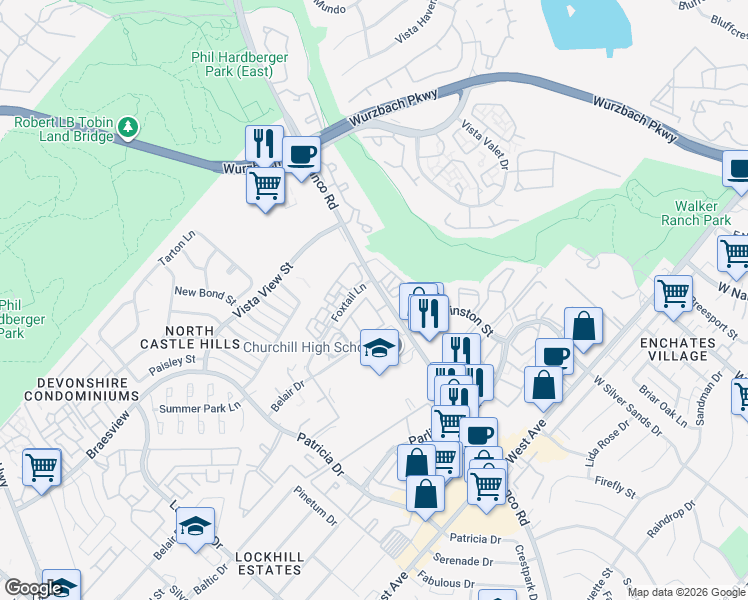 map of restaurants, bars, coffee shops, grocery stores, and more near 12221 Blanco Road in San Antonio