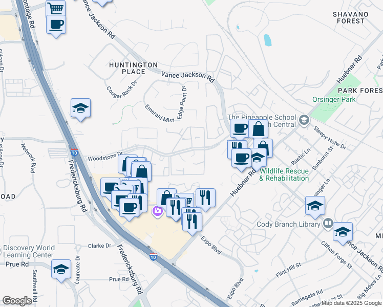 map of restaurants, bars, coffee shops, grocery stores, and more near 12007 Maple Rock Court in San Antonio