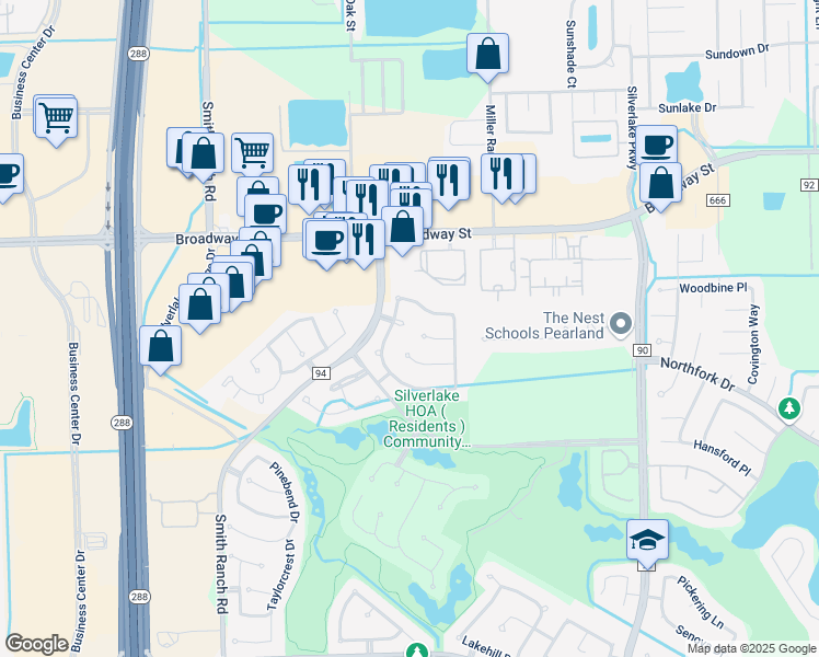 map of restaurants, bars, coffee shops, grocery stores, and more near 3007 Hidden Mist Court in Pearland