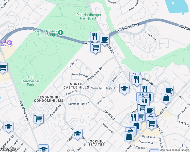 map of restaurants, bars, coffee shops, grocery stores, and more near 1531 Vista Hill in San Antonio
