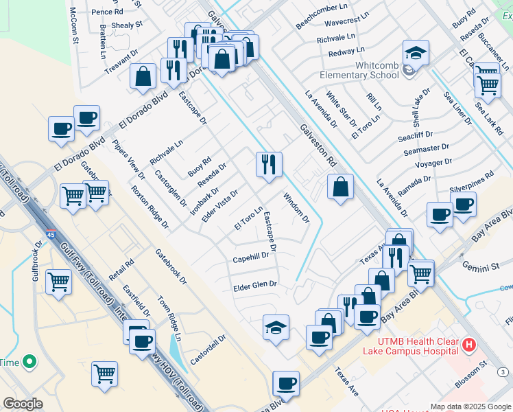 map of restaurants, bars, coffee shops, grocery stores, and more near 451 El Toro Lane in Webster