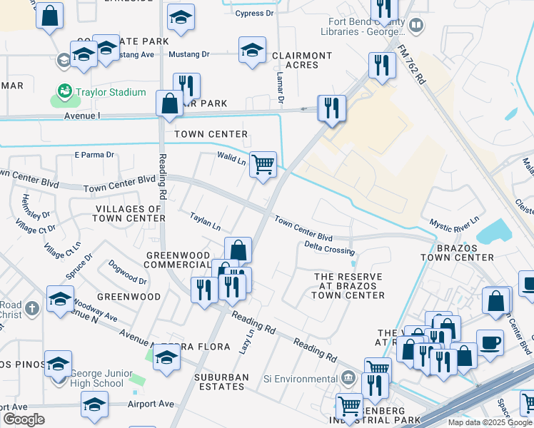 map of restaurants, bars, coffee shops, grocery stores, and more near Town Center Boulevard in Rosenberg