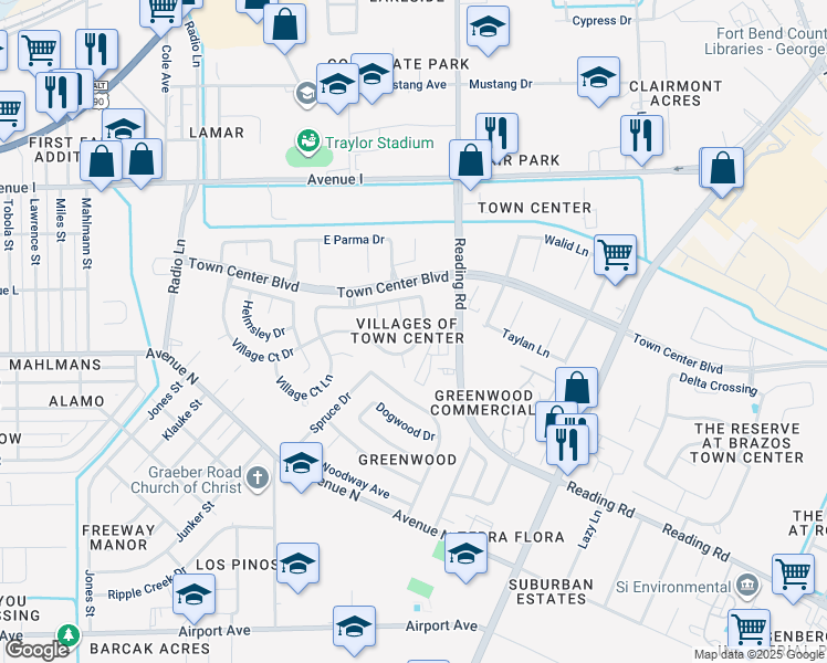 map of restaurants, bars, coffee shops, grocery stores, and more near 5114 Cotter Lane in Rosenberg