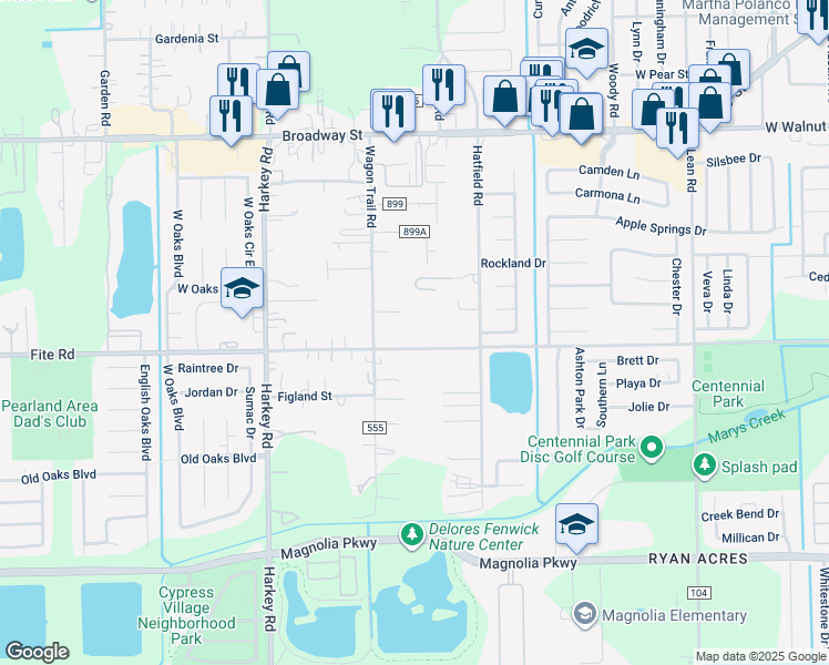 map of restaurants, bars, coffee shops, grocery stores, and more near 5717 Fite Road in Pearland
