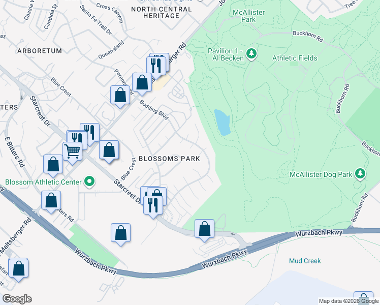 map of restaurants, bars, coffee shops, grocery stores, and more near 12215 Melon Street in San Antonio
