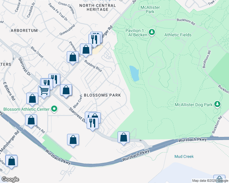 map of restaurants, bars, coffee shops, grocery stores, and more near 12215 Melon Street in San Antonio