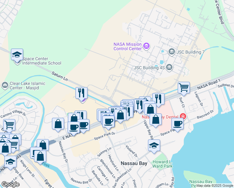 map of restaurants, bars, coffee shops, grocery stores, and more near 2101 East Nasa Parkway in Houston