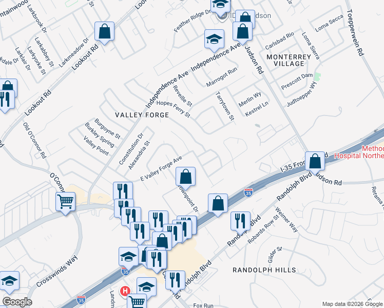 map of restaurants, bars, coffee shops, grocery stores, and more near 6154 East Valley Forge Avenue in San Antonio