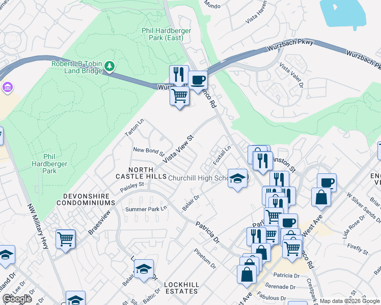 map of restaurants, bars, coffee shops, grocery stores, and more near 1531 Vista Hill in San Antonio
