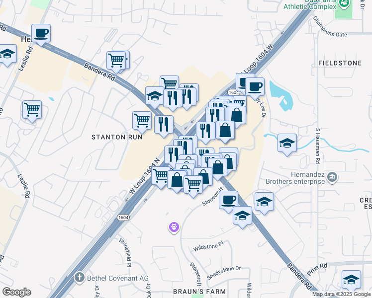 map of restaurants, bars, coffee shops, grocery stores, and more near 224 Texas 1604 Access Road in San Antonio