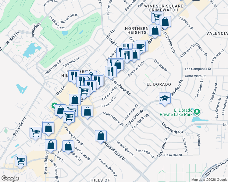 map of restaurants, bars, coffee shops, grocery stores, and more near 12330 El Santo Way in San Antonio