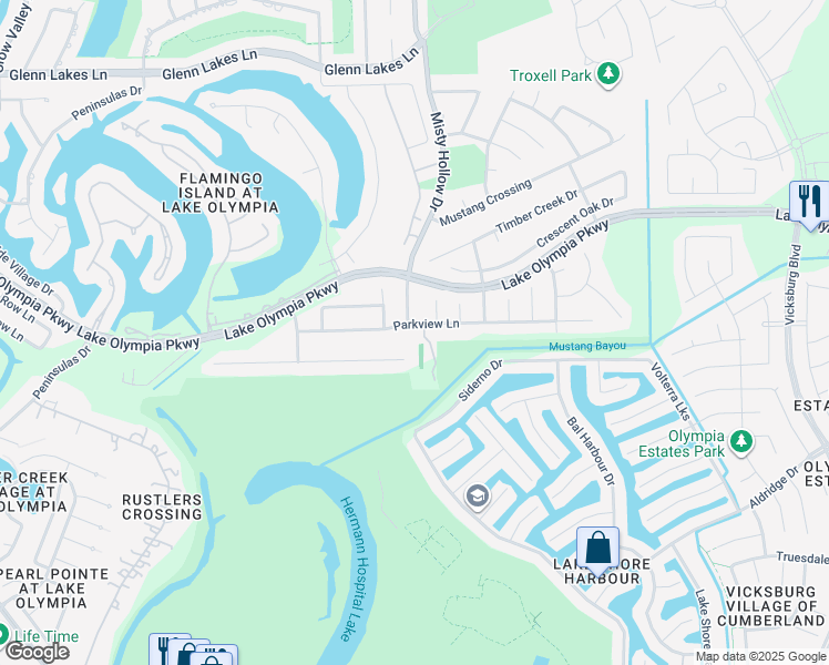 map of restaurants, bars, coffee shops, grocery stores, and more near 1923 Parkview Lane in Missouri City
