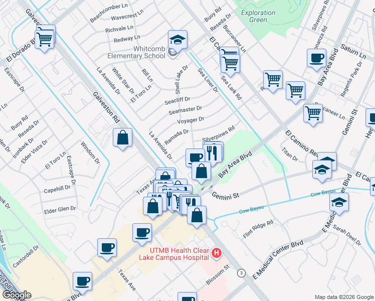 map of restaurants, bars, coffee shops, grocery stores, and more near 731 Bonanza Road in Houston