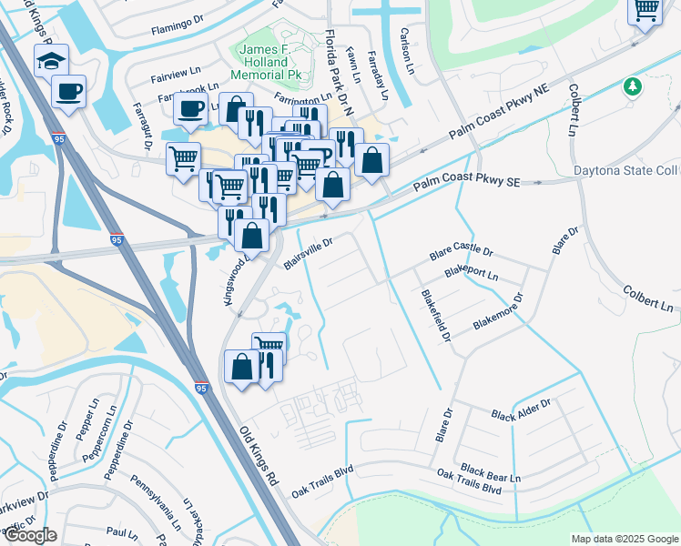 map of restaurants, bars, coffee shops, grocery stores, and more near 18 Blairton Court in Palm Coast