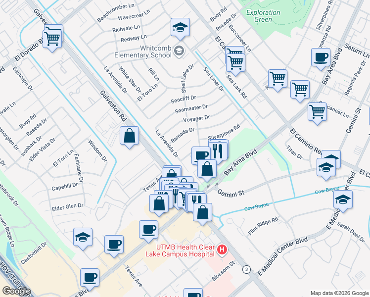 map of restaurants, bars, coffee shops, grocery stores, and more near 731 Bonanza Road in Houston