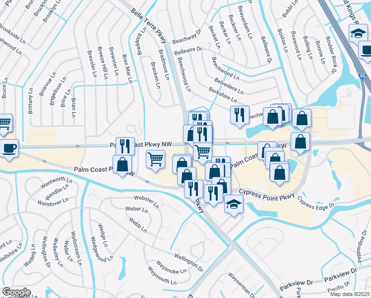 map of restaurants, bars, coffee shops, grocery stores, and more near 4550 Belle Terre Parkway in Palm Coast