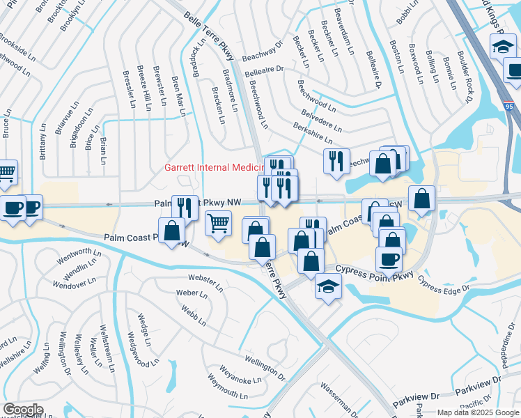 map of restaurants, bars, coffee shops, grocery stores, and more near 4550 Belle Terre Parkway in Palm Coast