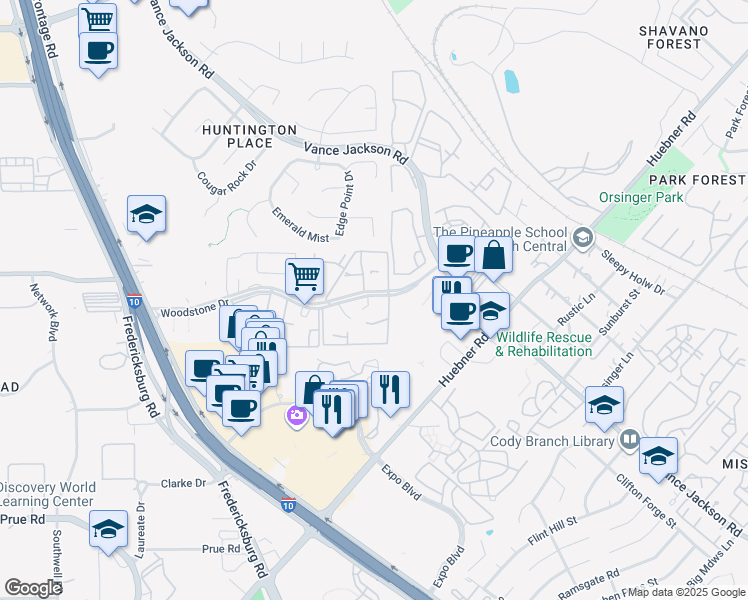 map of restaurants, bars, coffee shops, grocery stores, and more near 12007 Maple Rock Court in San Antonio