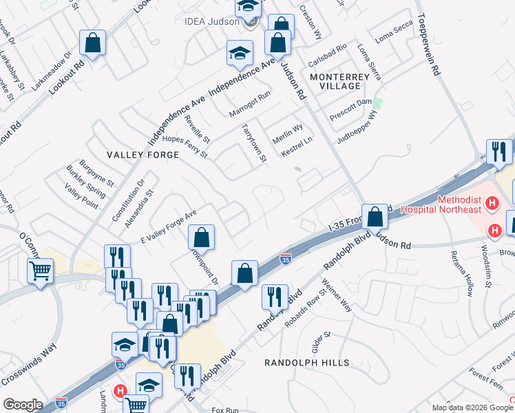 map of restaurants, bars, coffee shops, grocery stores, and more near 12410 Bret Springs Street in San Antonio