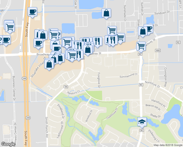 map of restaurants, bars, coffee shops, grocery stores, and more near 3007 Hidden Mist Court in Pearland