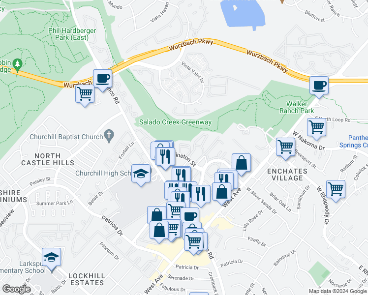map of restaurants, bars, coffee shops, grocery stores, and more near 11245 Sir Winston Street in San Antonio