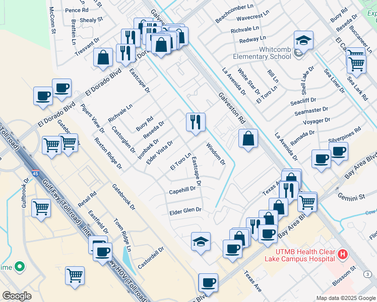 map of restaurants, bars, coffee shops, grocery stores, and more near 451 El Toro Lane in Webster