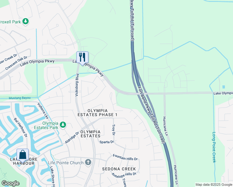 map of restaurants, bars, coffee shops, grocery stores, and more near 2414 Shelly Lang Court in Missouri City