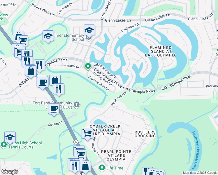 map of restaurants, bars, coffee shops, grocery stores, and more near 2622 Planters View Lane in Missouri City