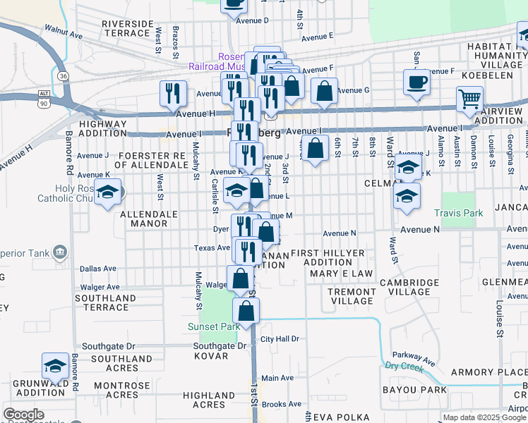 map of restaurants, bars, coffee shops, grocery stores, and more near 1420 2nd Street in Rosenberg