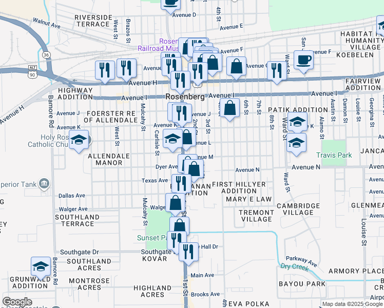 map of restaurants, bars, coffee shops, grocery stores, and more near 1420 2nd Street in Rosenberg
